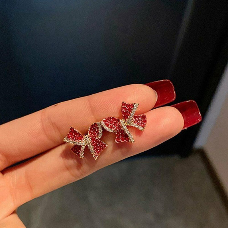 Women Hoop Rhinestone Copper Red Bow Earrings Stud Jewelry Zircon Dangle