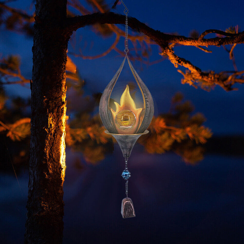 Metal Iron Art Solar Powered Flame LED Lights Hanging Wind Chimes Windows Decor