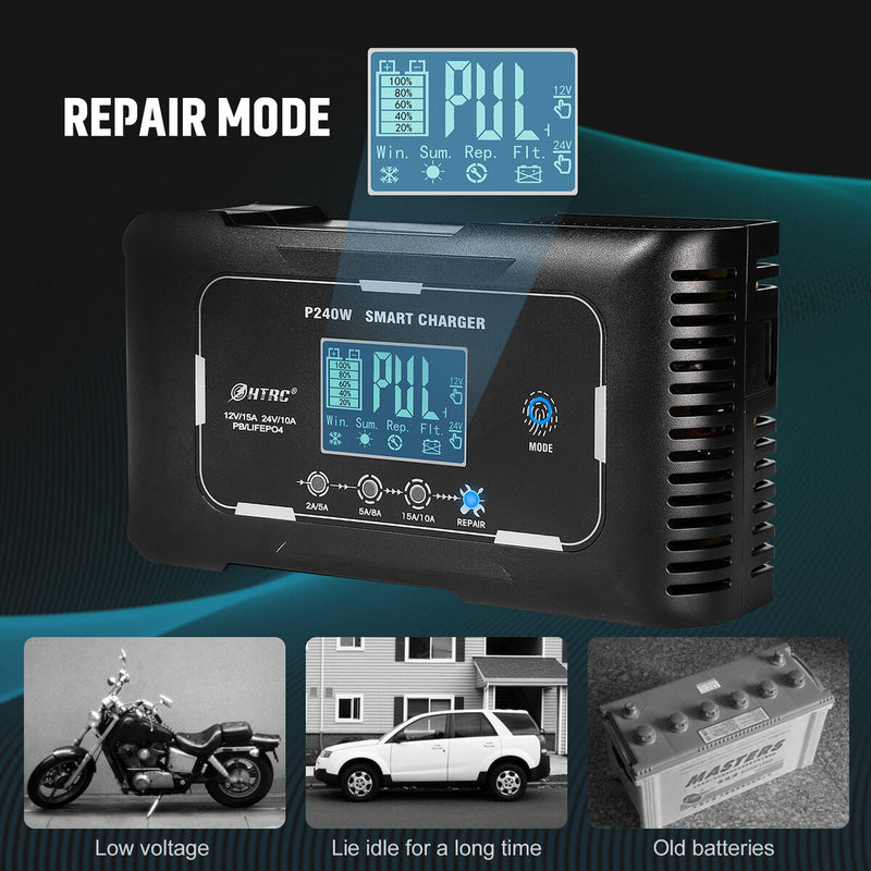 HTRC Automatic 12V/24V 15A Car Battery Charger for RV PB LIFEPO4 AGM (US)
