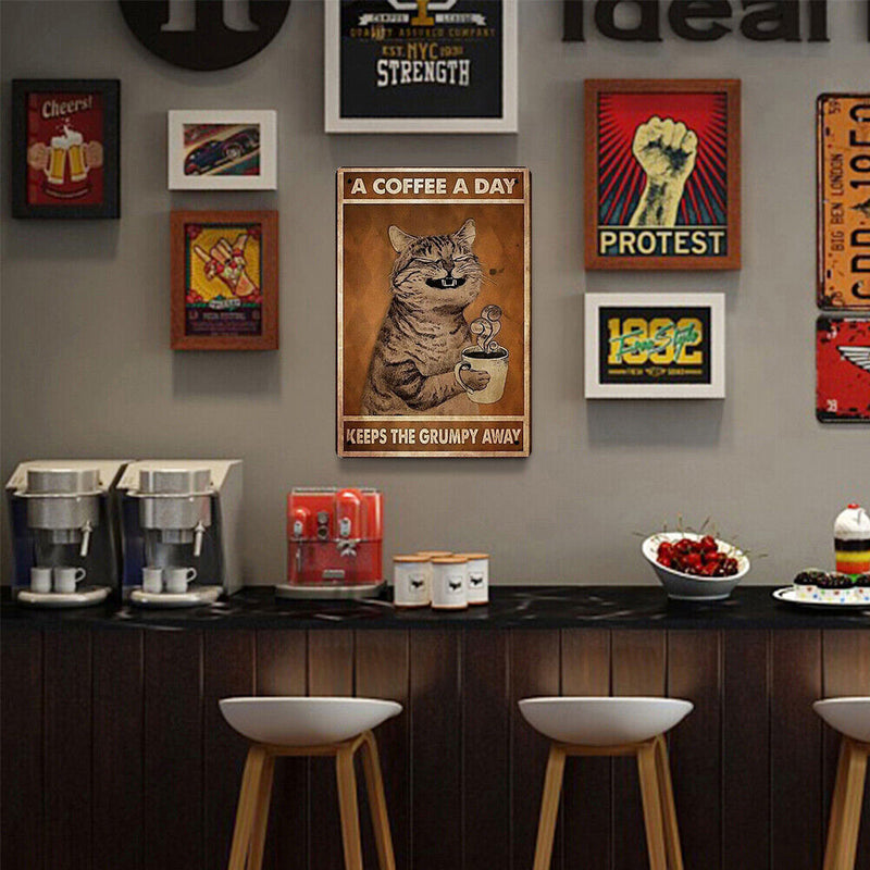Coffee Cat Retro Metal Plate Tin Sign for Bar Pub Club Cafe Wall Art Decor