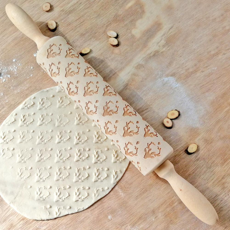 Wooden Elk Print Embossed Rolling Pins Embossing Baking Cookies Biscuit Fondant