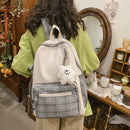 Casual Backpack Nylon Student School Bag Cartoon Pendant Plaid Backpack Shopping
