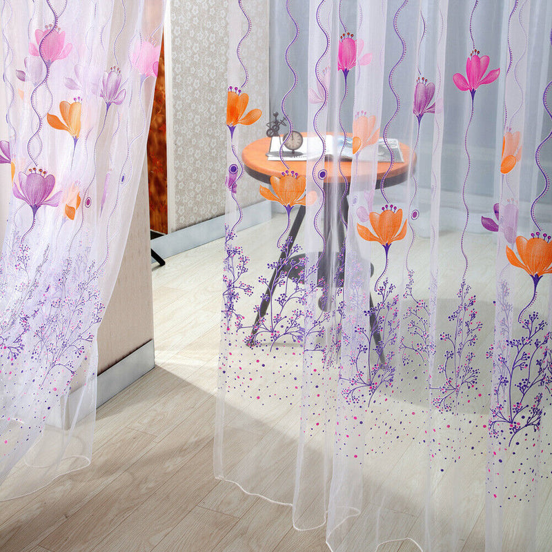 Flowers Print Translucent Curtains Windows Decor Tulle Sheer Drapes Purple