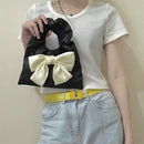Fashion Women Pleated PU Leather Bow Purse Ladies Hit Color Handbag (Black)