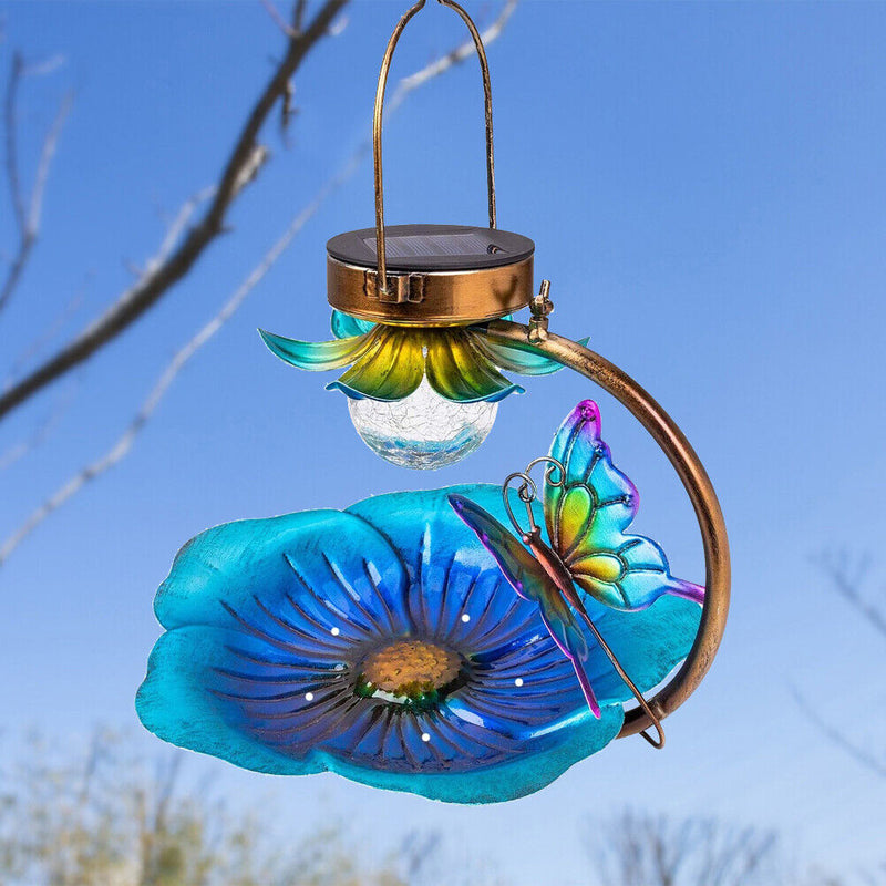 Metal Flower Solar Bird Feeder Lamp LED Light Outdoor Hanging Decorations