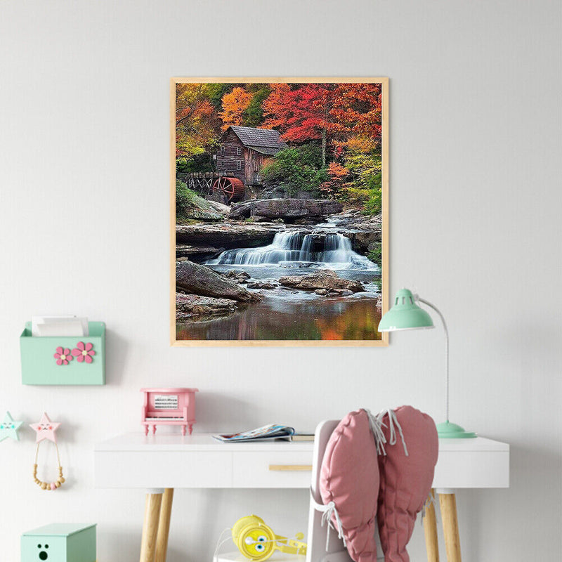 Hut by Waterfall Oil Paint By Numbers DIY Handpainted on Canvas Wall Art