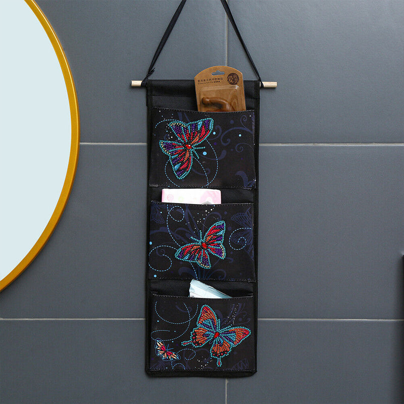 Butterfly Diamond Painting Wall Hanging Storage Bag 3 Pockets Black (AA991)