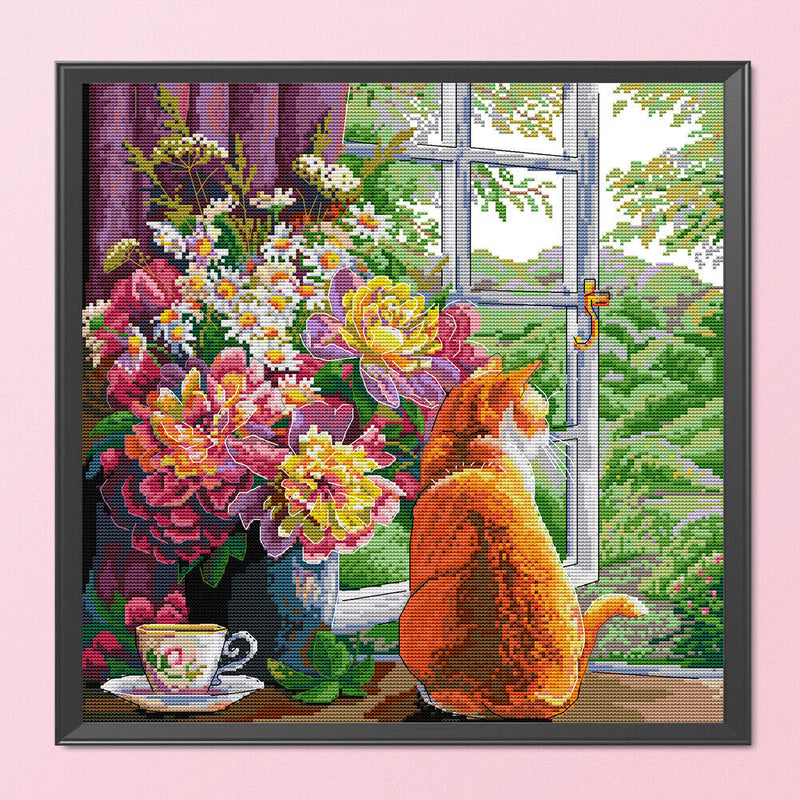 Partial Embroidery 14CT DIY Cat Flowers 2 Strands Kit Stamped Cross Stitch Craft