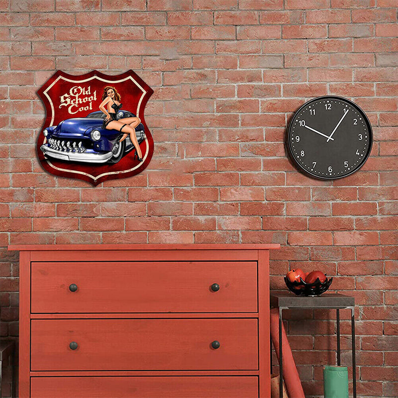 Sexy Car Lady Metal Tin Sign for Bar Pub Decorative Iron Painting Shield Shape