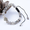 Unisex Lion Charm Beads Bangle Adjustable Strand Bracelet (Stripe Agate)