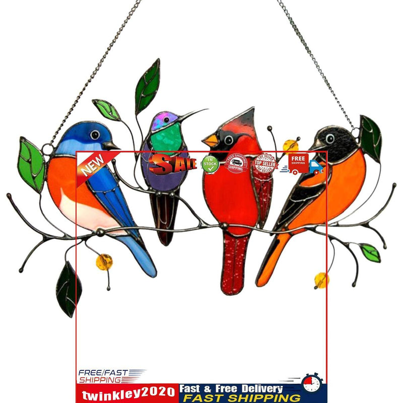 Color Birds on A Wire, Stained Glass  Window Hanging Panel (2) Newly