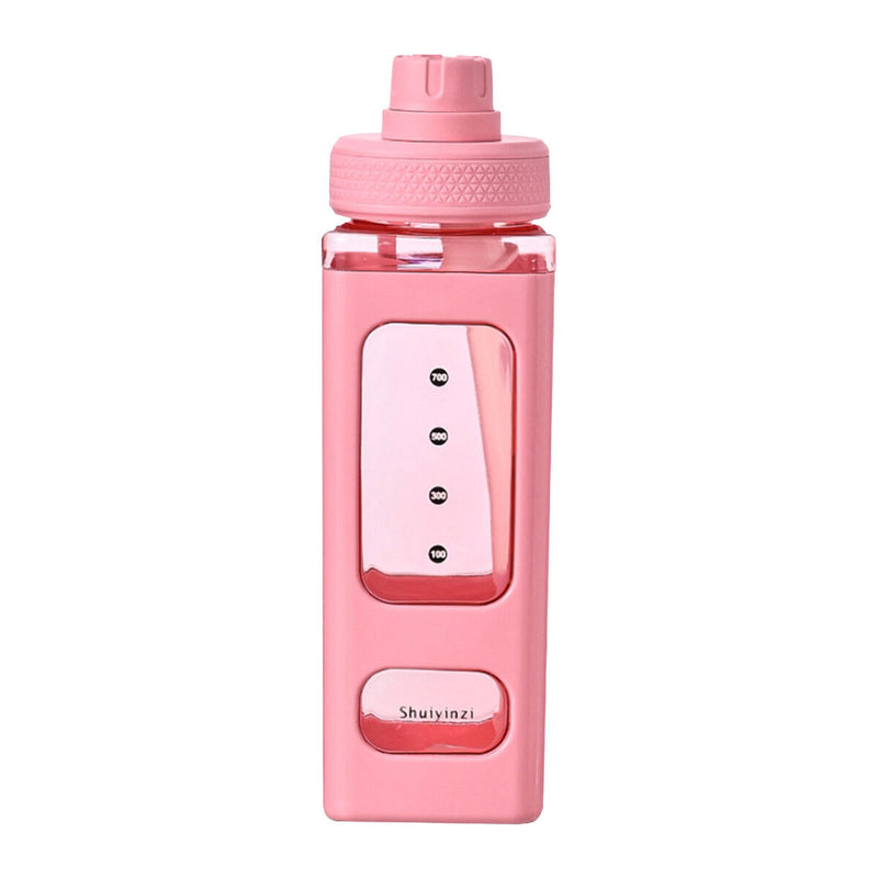 Water Bottle with Straw 700ml Drinking Bottle Square Cute Water Jug (Pink)