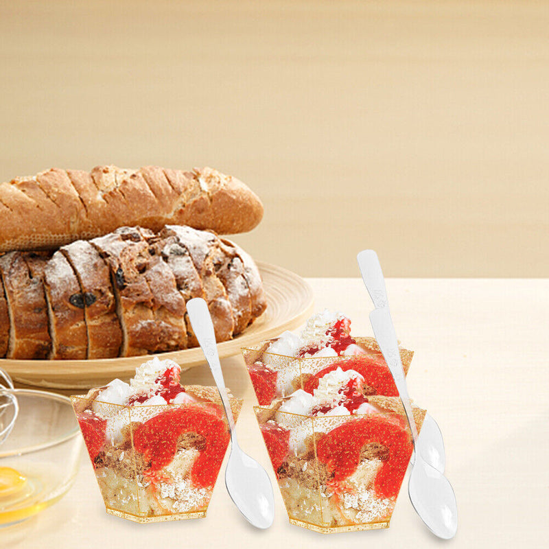 50pcs Dessert Bowl Golden Dot Cake Cup with Spoon Set for Tasting Pudding Yogurt