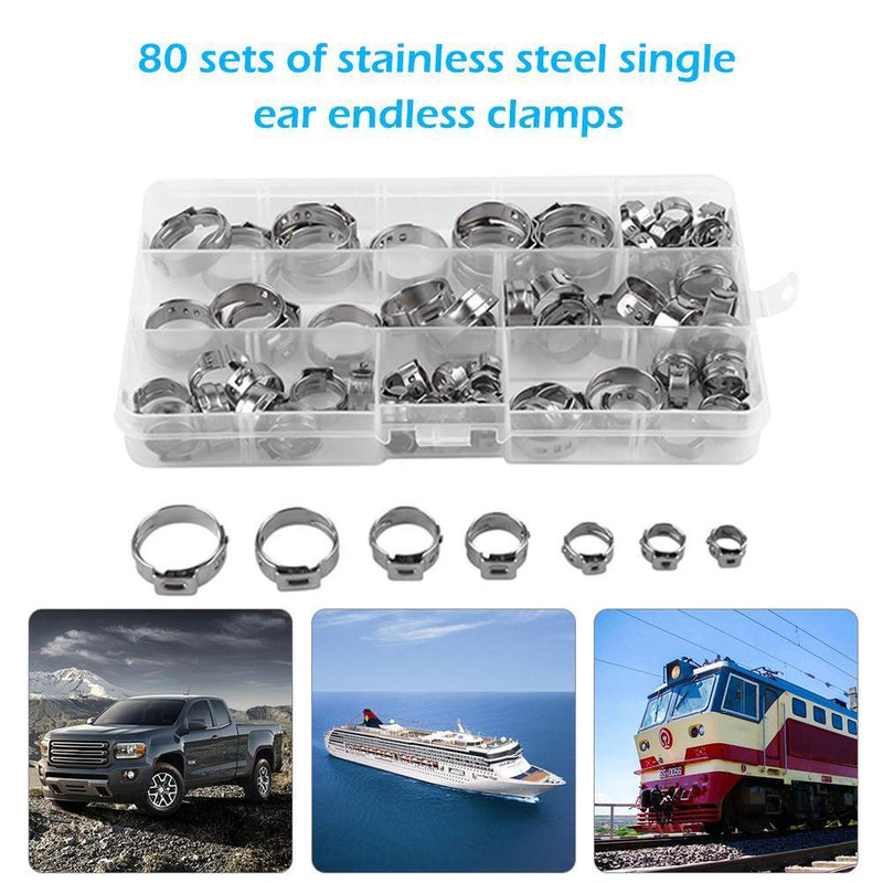 80pcs/Lot 304 Stainless Steel Single Ear Hose Clamps 7-21mm Assortment Kit