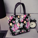 Lovely Flower Printed Female Bags Canvas Handbag Portable Lunch Bag(Black)