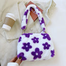 Fashion Flower Print Shoulder Bag Women Winter Plush Small Handbag (Purple)