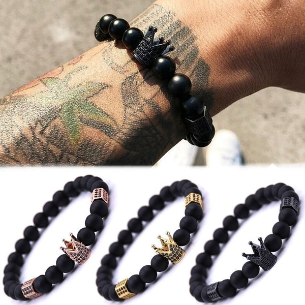Volcanic Stone Mens Beaded Bracelet Steel Titanium Crown Bracelets Cuff Bangles