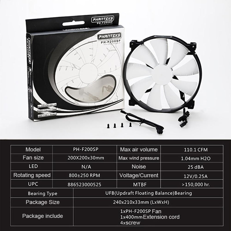 PHANTEKS PH-F200SP Chassis Cooler 3 Pin Computer Case Cooling Fan (White)