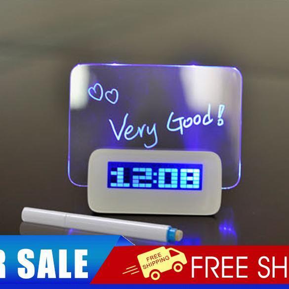 Blue LED Fluorescent Digital Alarm Clock Message Board USB 4 Port Hub
