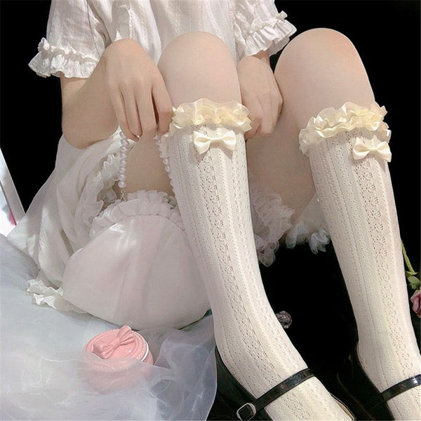 Elastic Maid Girl Gift Knee High Lace Bow Socks Transparent Lolita Socks
