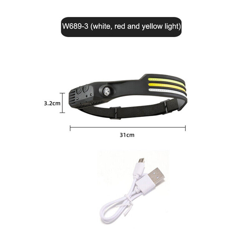 COB LED Sensor Headlight Flashlight USB Outdoor Camping Strong (D Yellow)