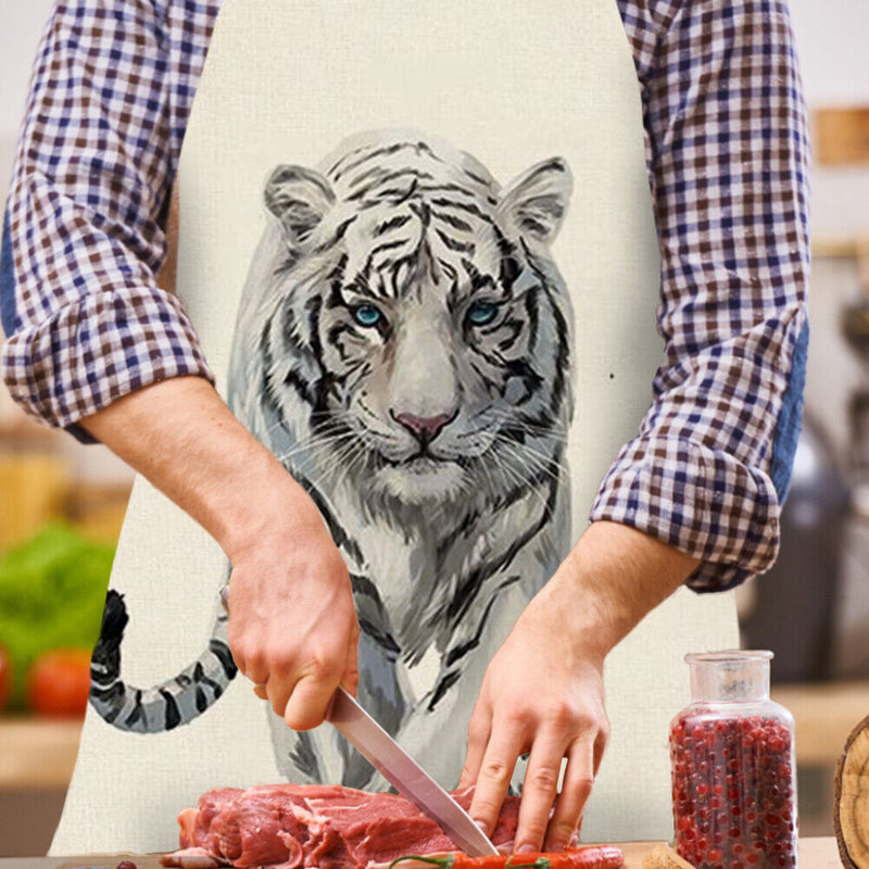 #A White Tiger Print Apron Linen Waterproof Cooking Bib Sleeveless Kitchen Oil