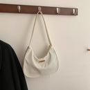 Women Nylon Solid Color Shoulder Bag Zipper Small Crescent Handbag (White)
