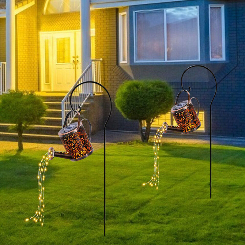 LED Solar Kettle Light Wrought Iron Hollow Flower Water Can Fairy Lamp (B) Newly