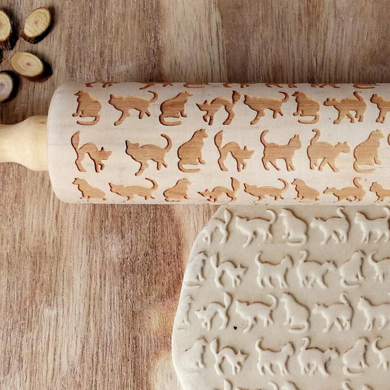 Cute Animal Wood Embossing Rolling Pin for DIY Baking Cookies Cake (Cat)