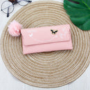 Women PU Flap Wallet with Plush Ball Lady Butterfly Coin Purse (Pink)
