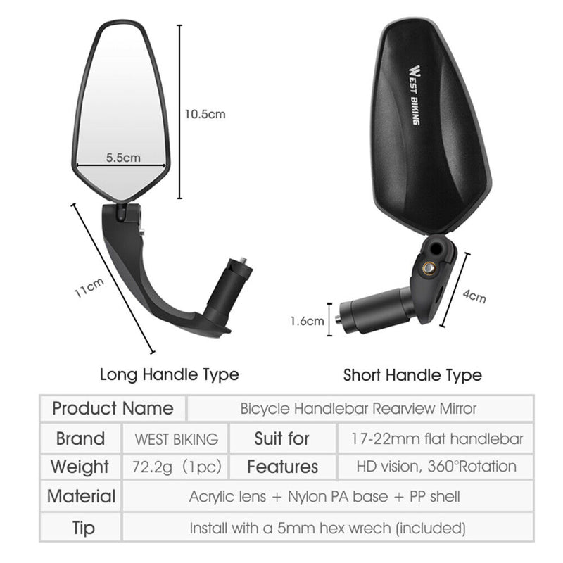 WEST BIKING Bicycle Handlebar Adjustable MTB Bike Rear View Mirror (Short)