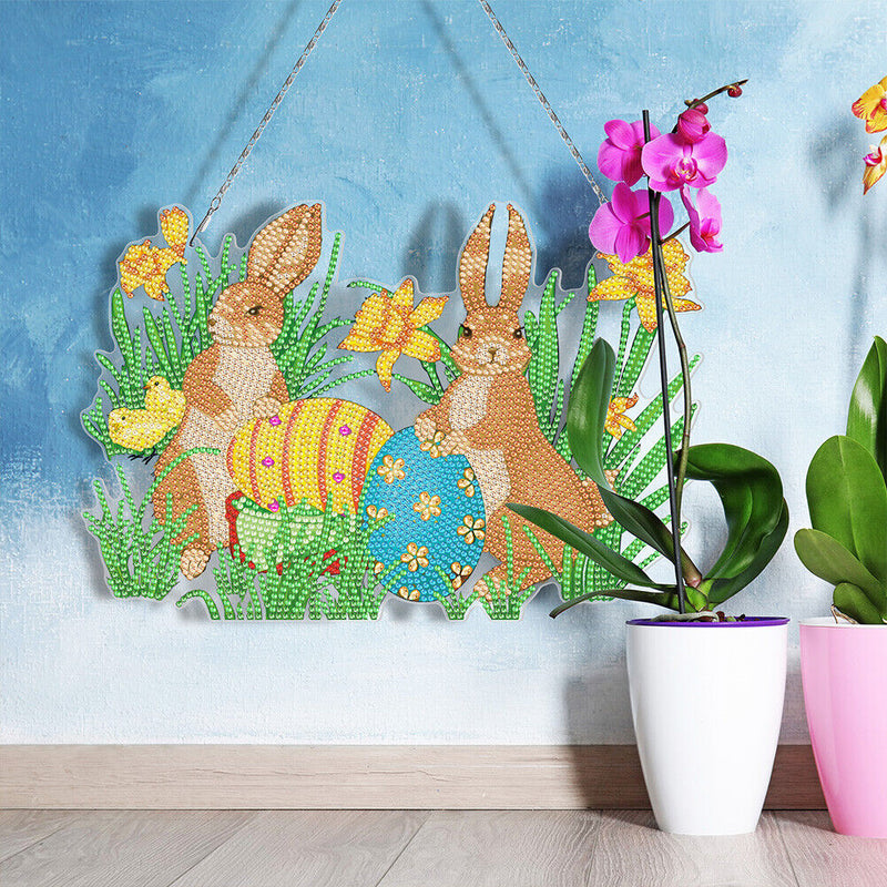 Easter Rabbit Eggs Ornament DIY Rhinestone Pendants Handcraft Hanging Decoration