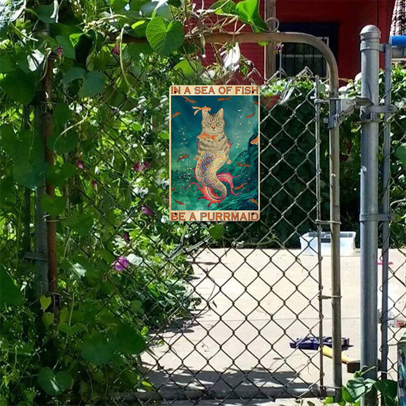 Retro Mermaid Cat Metal Plate Painting for Bar Pub Tin Plaques Wall Sign