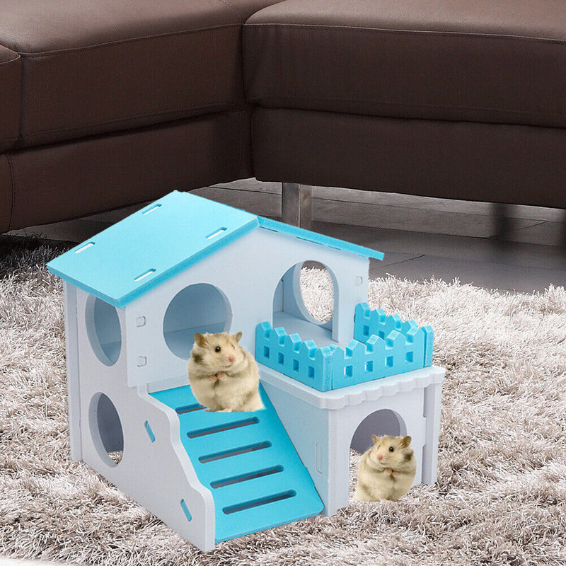 Pet Hamster House with Ladder Nest Log Cabin Animal Sleeping Toys (Blue) Newly