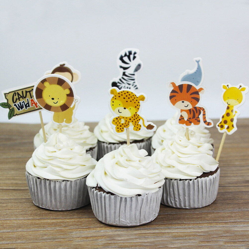 24pcs Cake Dessert Inserted Card with Zoo Animal Elephant Lion Pattern