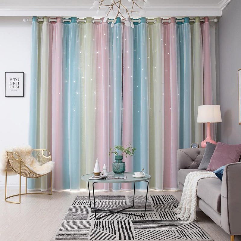 Gradient Hollow Star Curtain Bedroom Full Blackout Window Drapes (Pink)