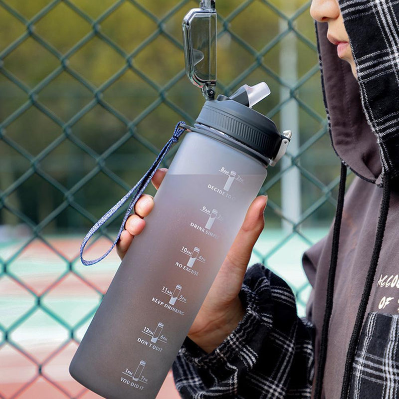 Plastic Water Bottle with Time Marker Sports Leakproof Drink Cup (Grey)