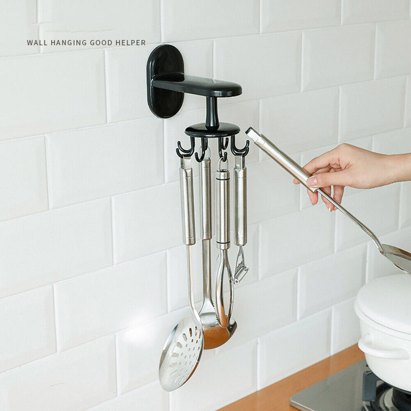 360 Degree 6 Hooks Kitchen Rotating Nail-free Holder Hanging Storage Rack