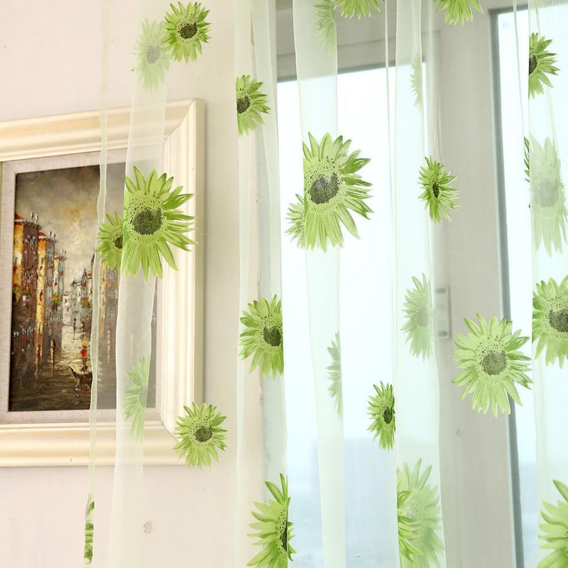 Sunflower Print Window Door Curtain Tulle Curtains for Living Room (Green)