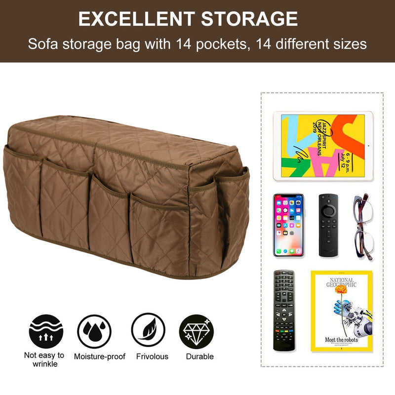 Armchair Caddy Non Slip Sofa Armrest Organizer with 14 Pockets (Coffee) Newly