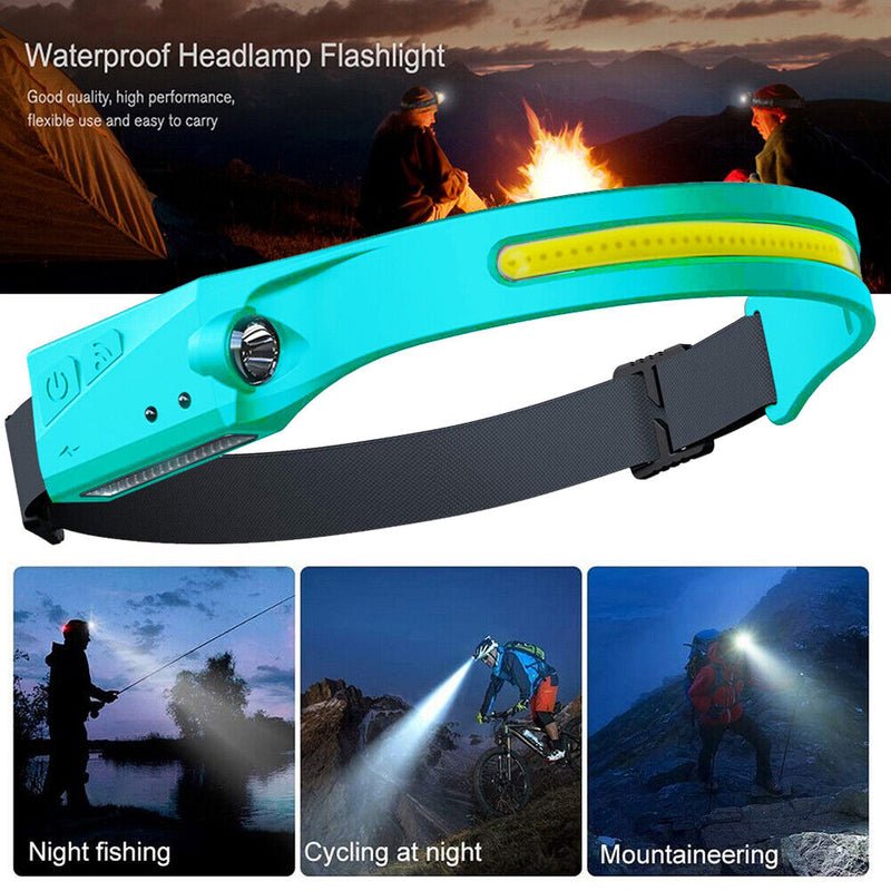 COB LED Headlamp Sensor Headlight Rechargeable Outdoor Work Light (Cyan) Newly