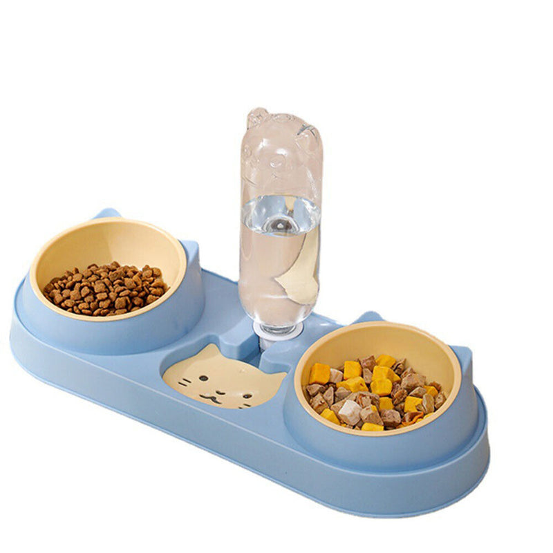 Cats Dogs Double Bowl Auto Feeder Water Dispenser Food Container (Blue) Newly