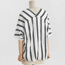 Stripe Loose Bat Short Sleeve T-shirt V-Neck Button Women Blouse (Black XL)