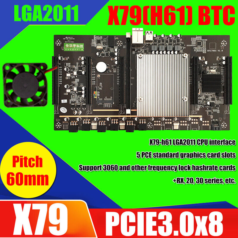 X79 BTC 5x PCIe 8X DDR3 2011 Pin Mining Motherboard with 12V Cooling Fan Newly