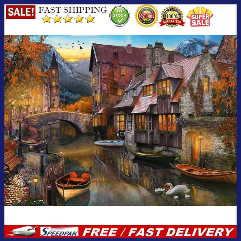 Frameless Oil Painting Arts Picture By Number Riverside Town Hand Painted Craft