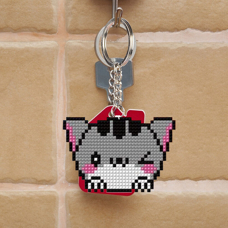 Bead Cross Stitch Stamped Needlework DIY Cartoon Cat Keychain Kit (SMX-070)