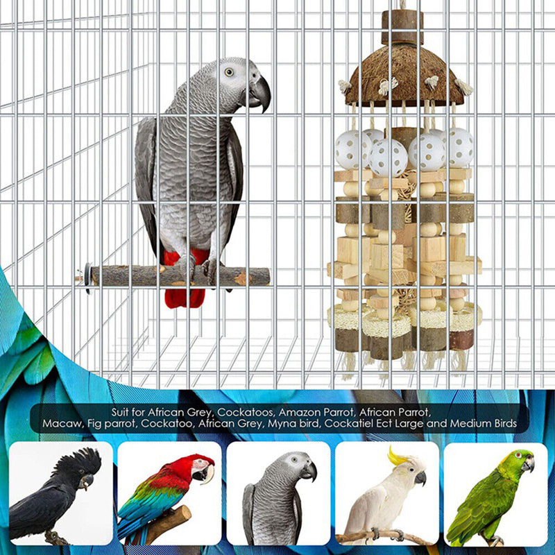Pet Bird Macaws Cage Chewing Wooden Blocks String Coconut Shell Bite Tearing