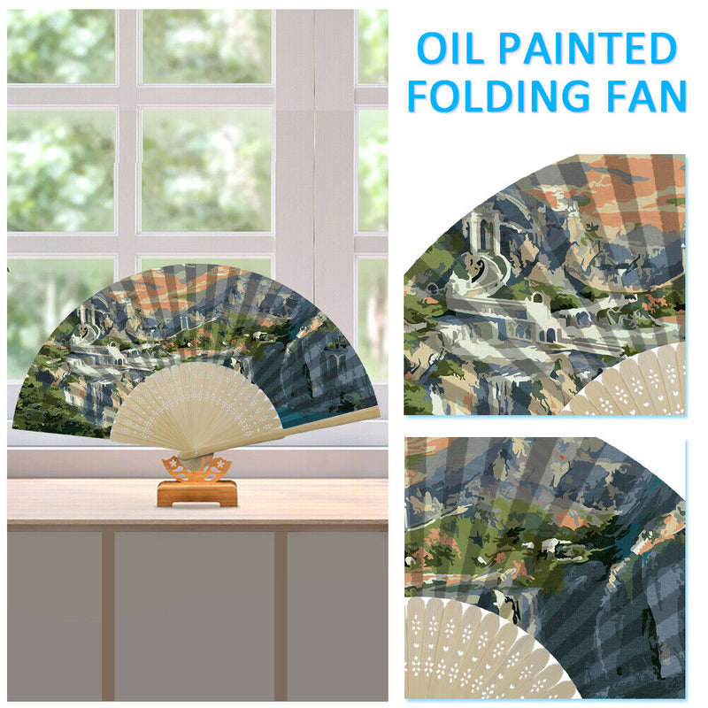 Mountains Castle Oil Paint Folding Fan By Numbers DIY Painted Handmade Crafts