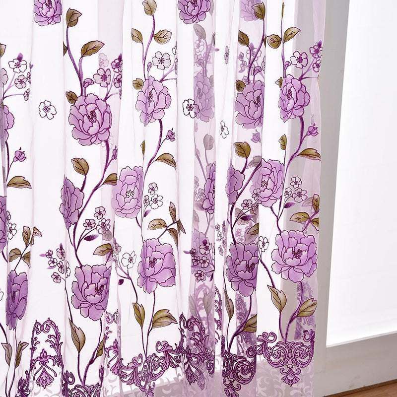 Peony Flower Offset Printing Curtain Yarn Tulle Curtain for Decor(Purple)