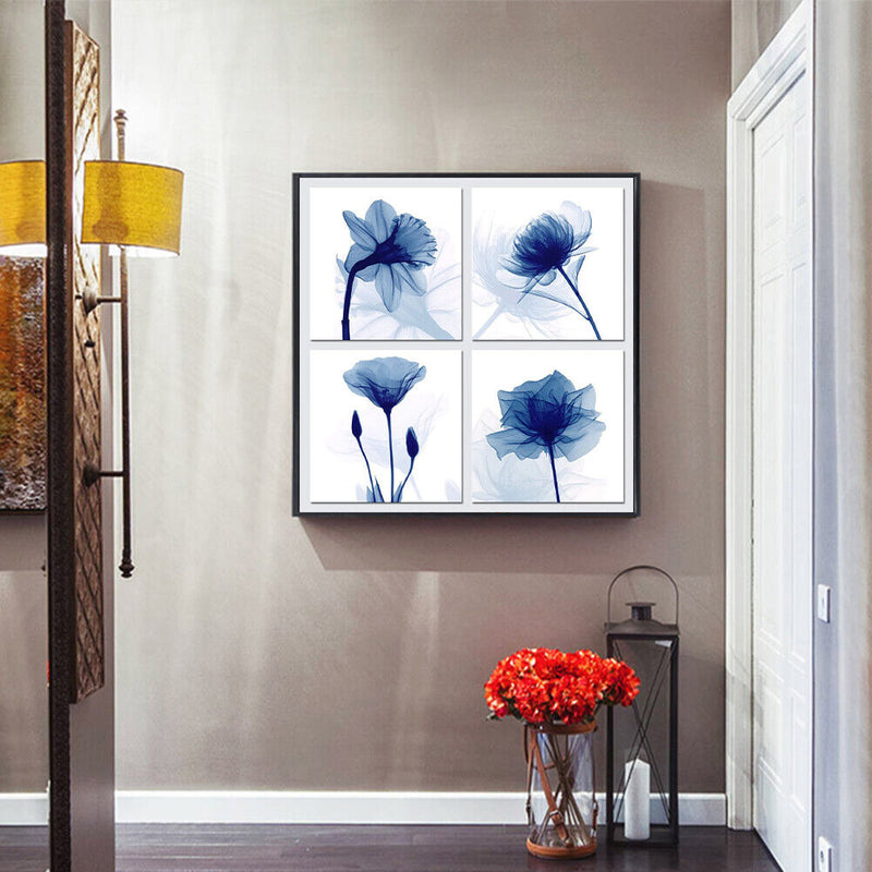 4 Blue Flowers Oil Paint By Numbers DIY Coloring Picture for Adults Child Panels